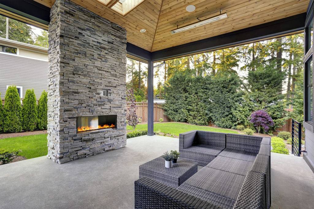 Backyard covered patio with fireplace